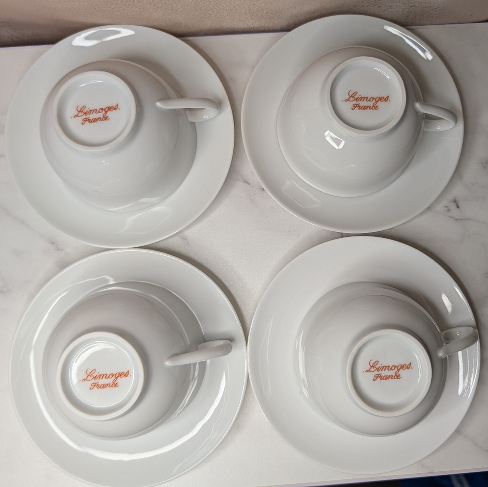 Set of 4 Vintage Limoges France White Porcelain Teacups & Saucers - Picture 3 of 3